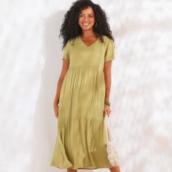 Jurk<Blancheporte Lange effen jurk met V-hals, crêpe mosgroen