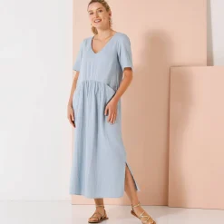 Jurk<Blancheporte Lange, effen jurk met V-hals, katoengaas grijsblauw