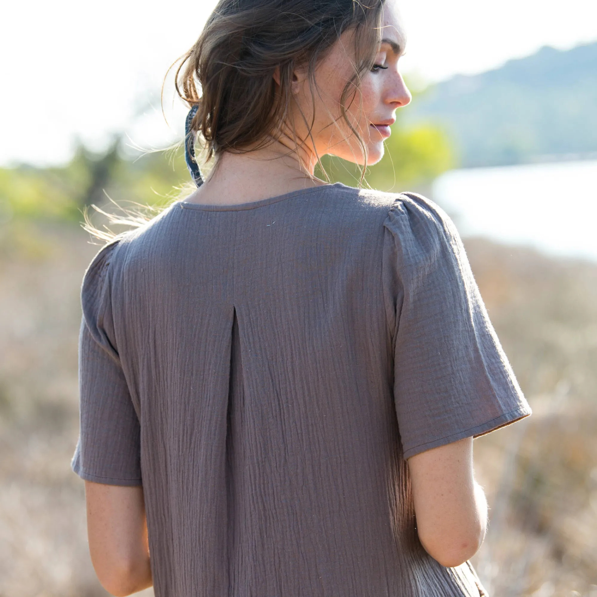 Jurk<Blancheporte Lange, effen jurk met V-hals, katoengaas taupe
