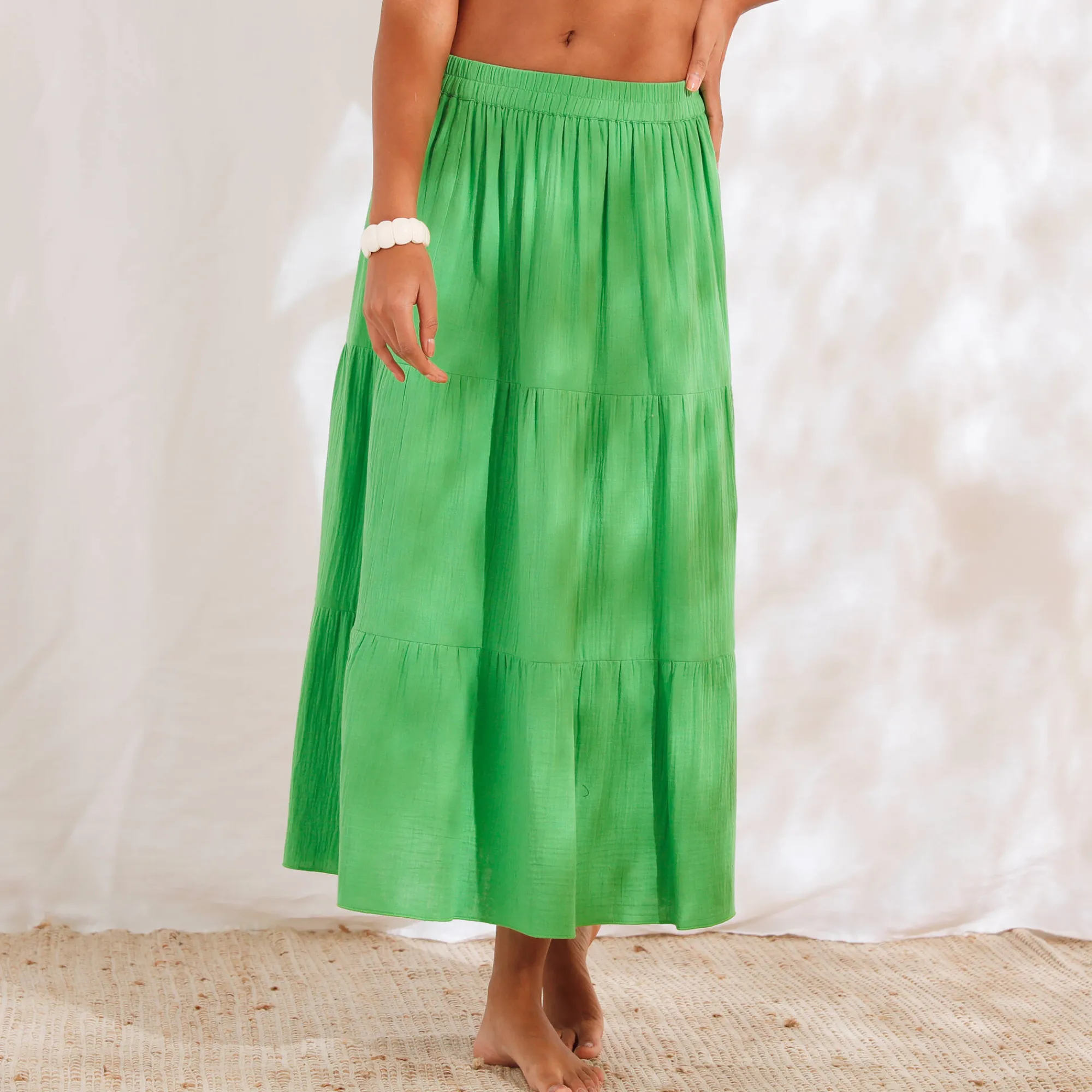 Rok<Blancheporte Lange fronsrok met stroken, katoengaas groen