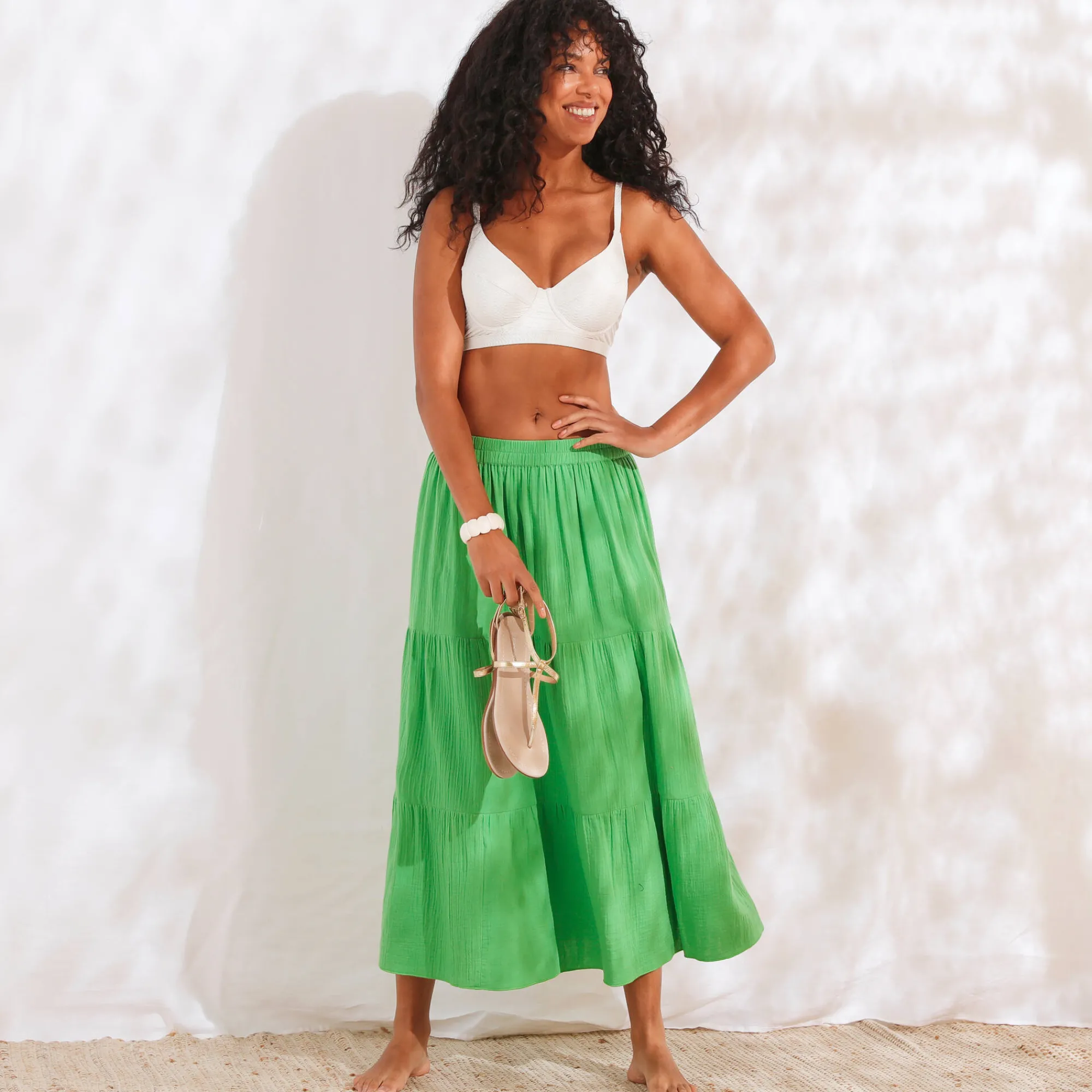 Rok<Blancheporte Lange fronsrok met stroken, katoengaas groen