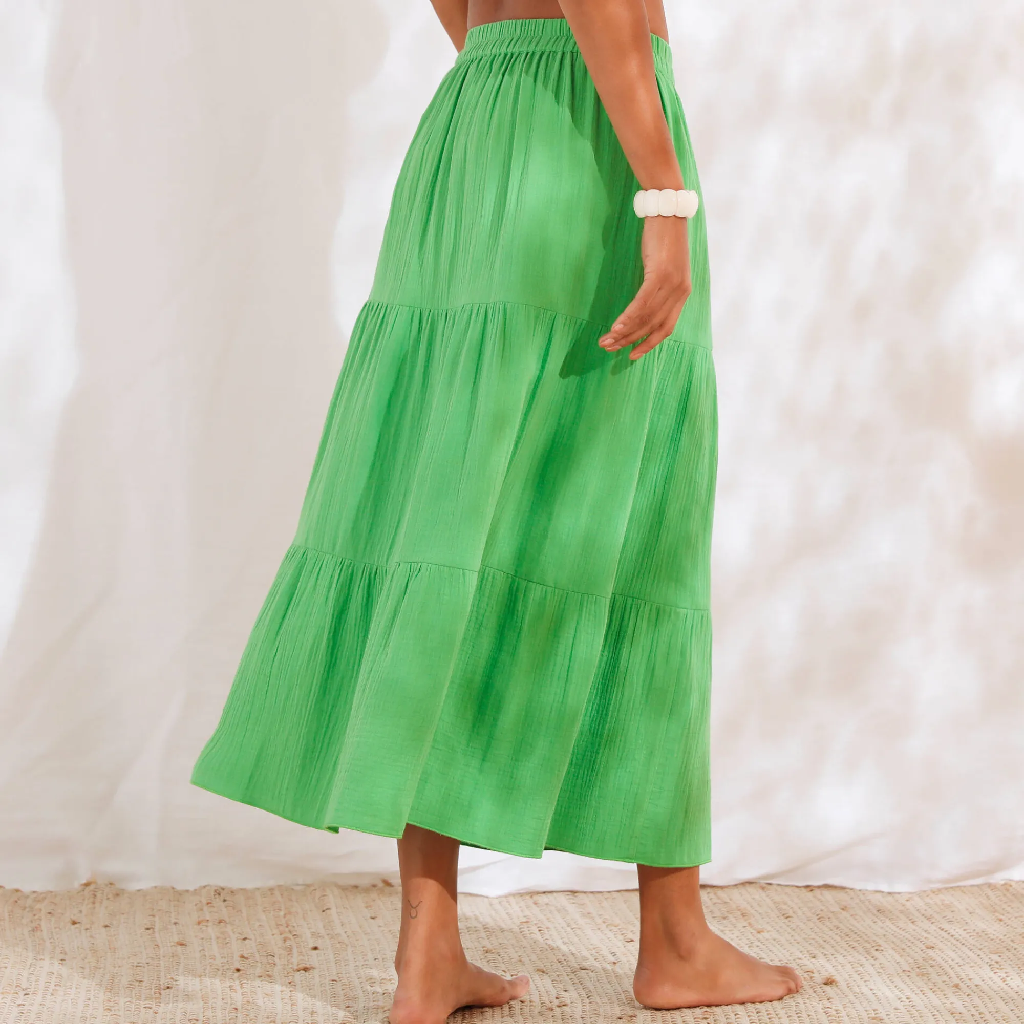 Rok<Blancheporte Lange fronsrok met stroken, katoengaas groen