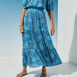 Rok<Blancheporte Lange fronsrok met stroken en bloemenprint, crepon blauw