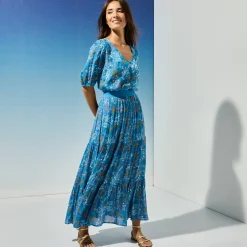 Rok<Blancheporte Lange fronsrok met stroken en bloemenprint, crepon blauw