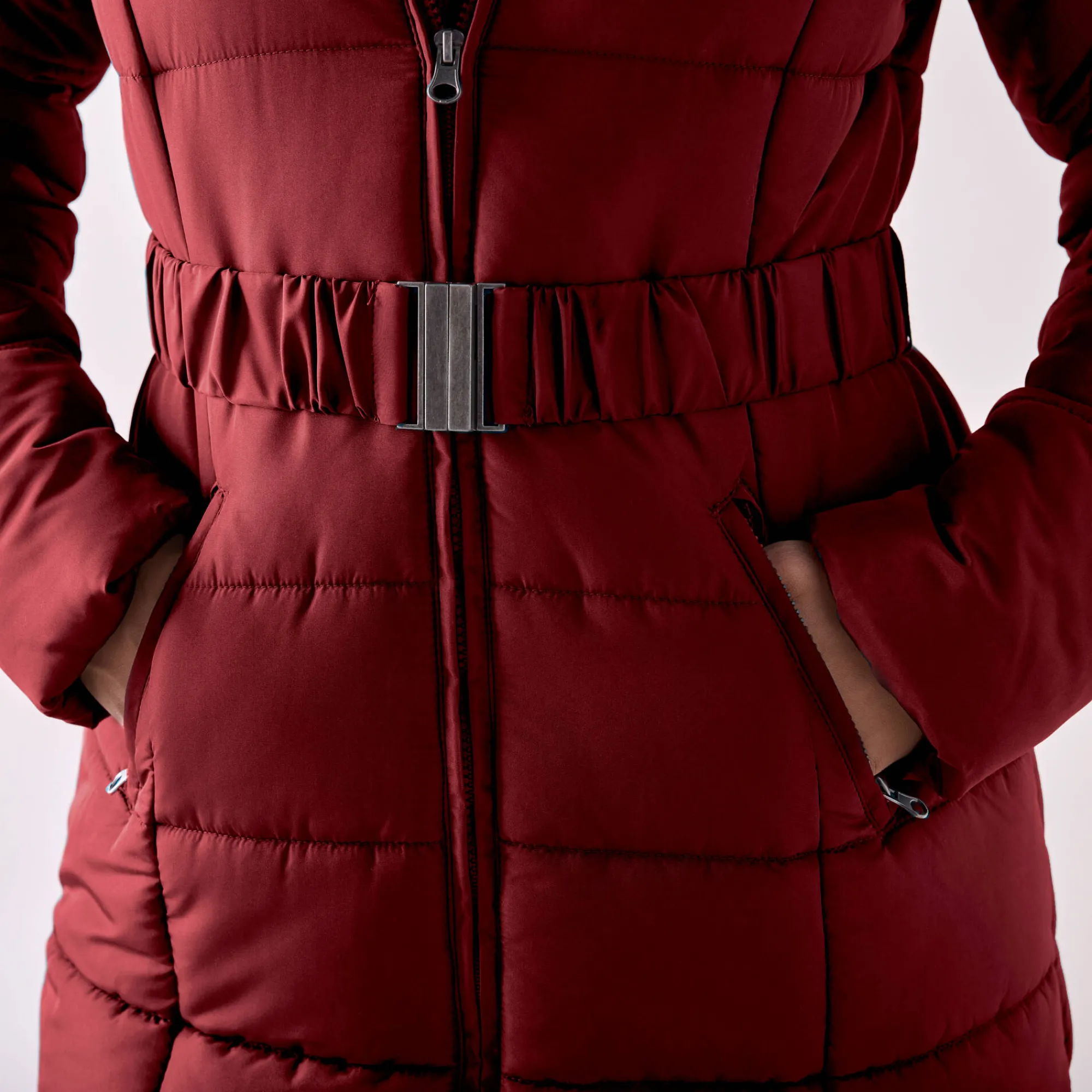 Parka En Donsjas<Colors&Co Lange gewatteerde jas met ceintuur donkerrood
