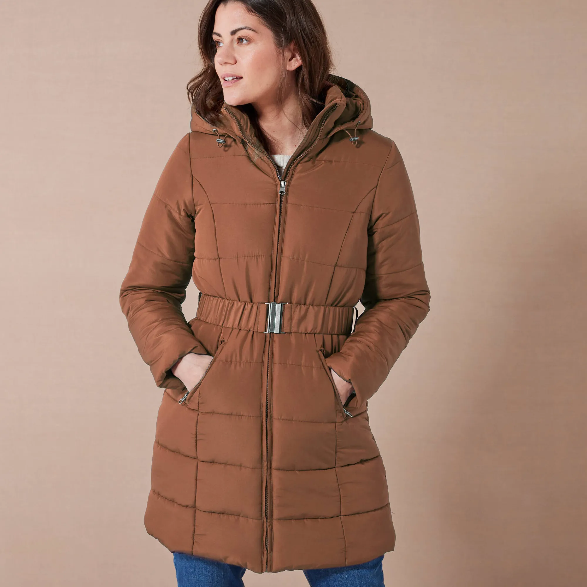 Parka En Donsjas<Colors&Co Lange gewatteerde jas met ceintuur karamel