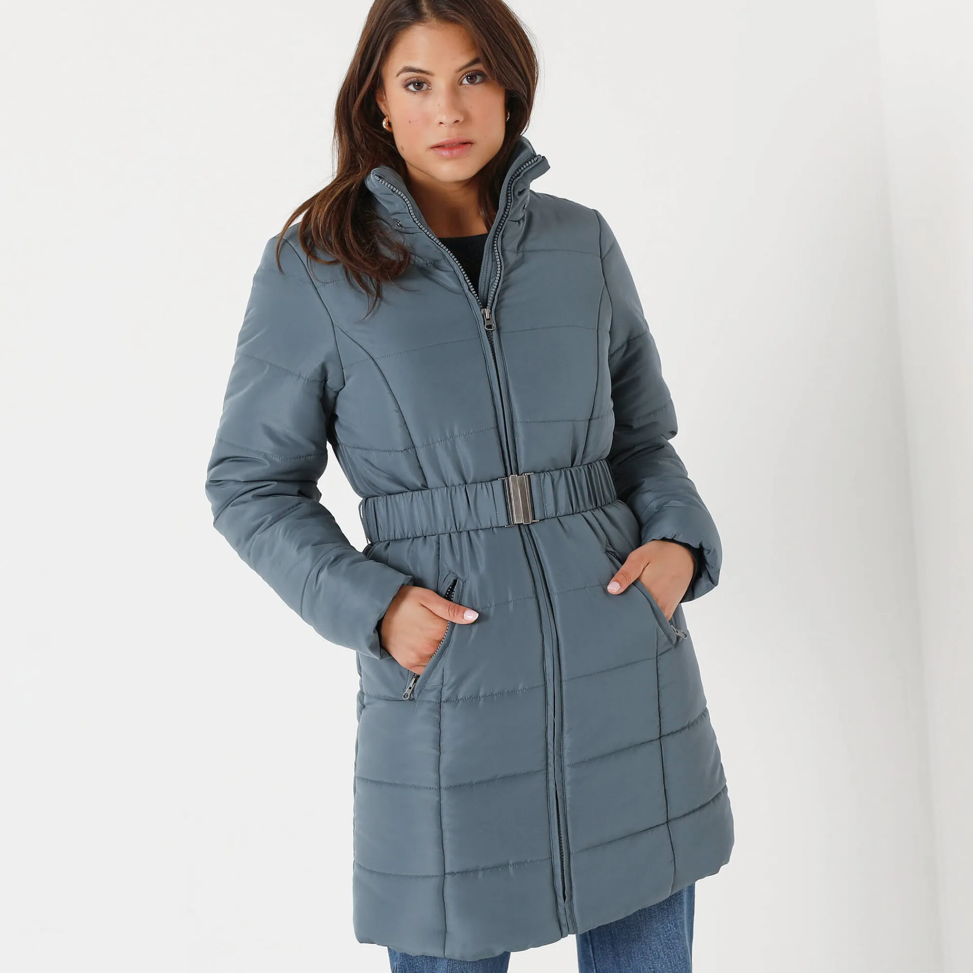 Parka En Donsjas<Colors&Co Lange gewatteerde jas met ceintuur blauwgrijs