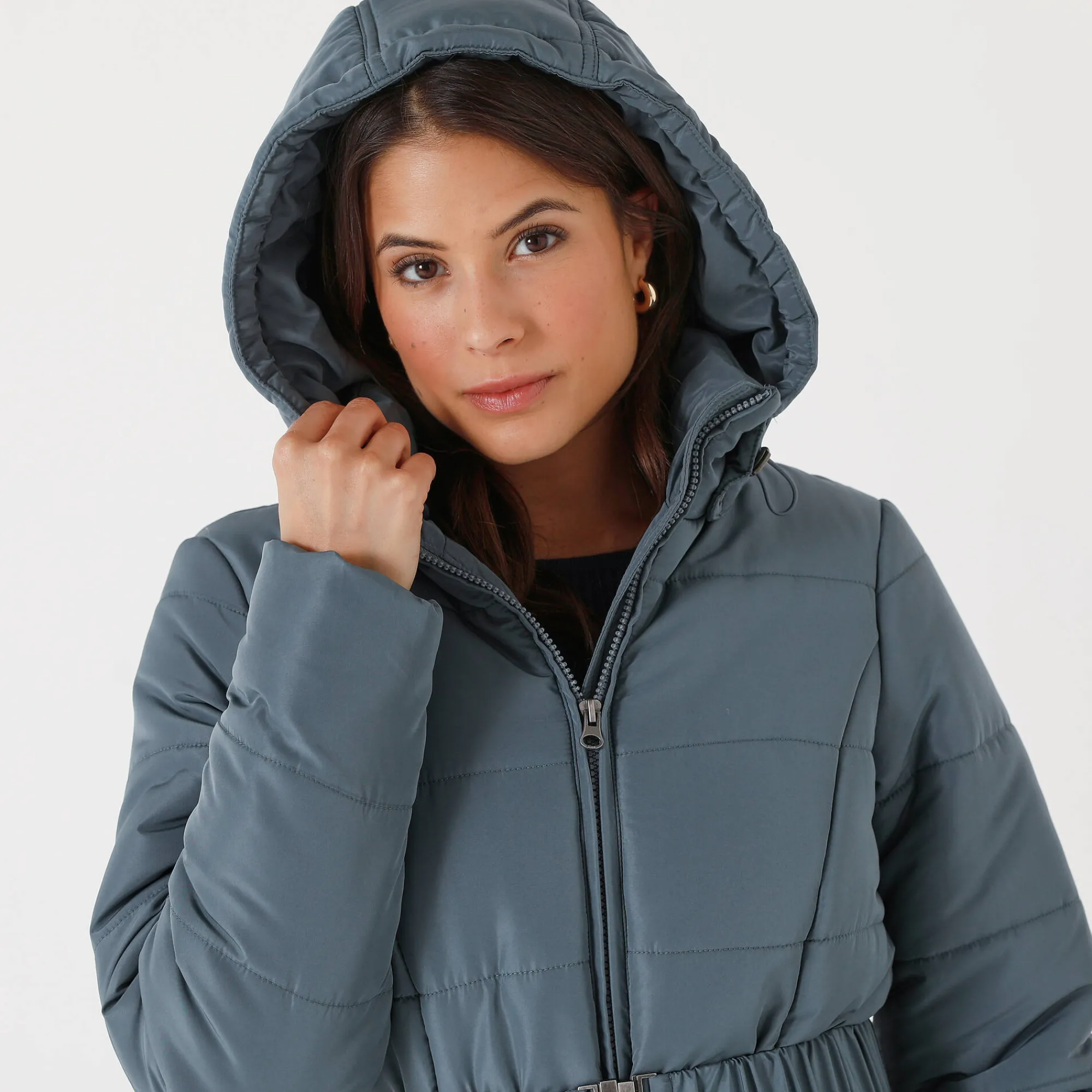 Parka En Donsjas<Colors&Co Lange gewatteerde jas met ceintuur blauwgrijs