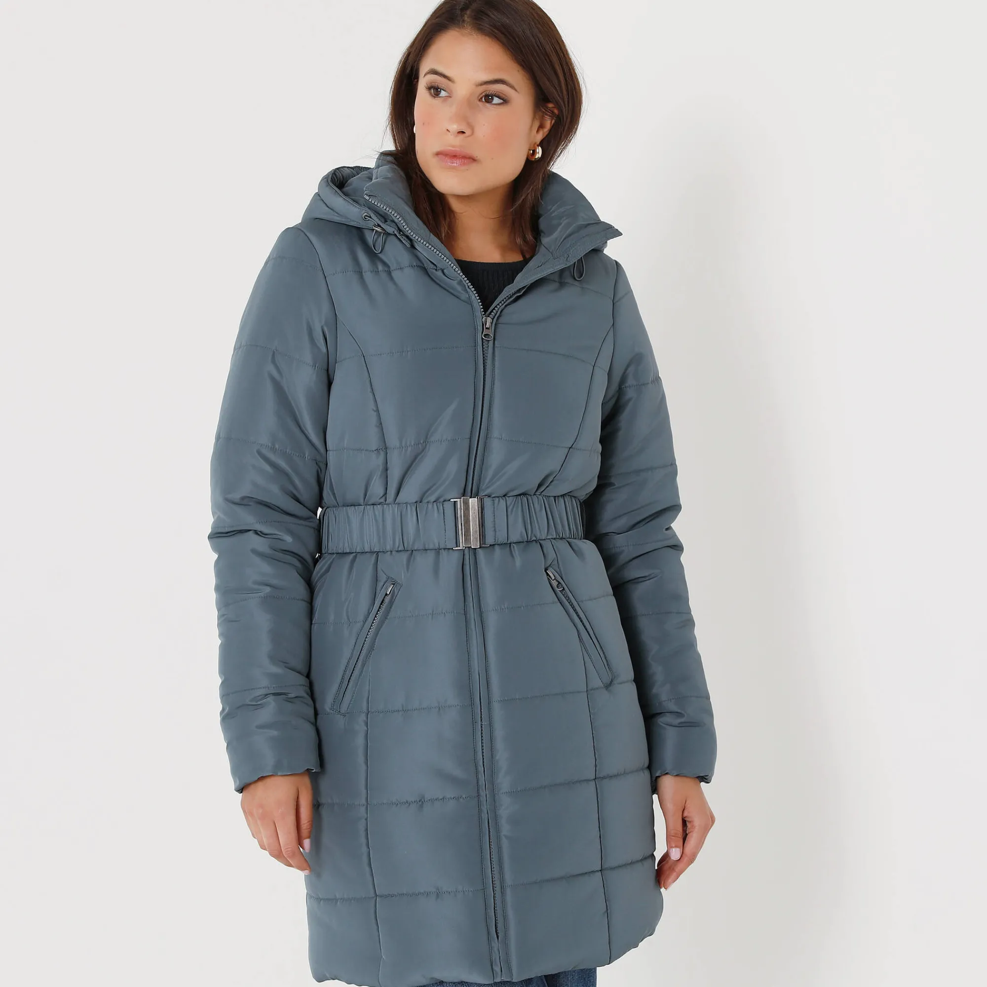 Parka En Donsjas<Colors&Co Lange gewatteerde jas met ceintuur blauwgrijs