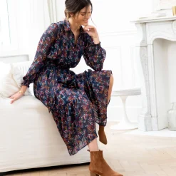 Jurk<Blancheporte Lange hemdjurk in jacquardvoile met bloemenprint marine / karamel