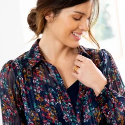 Jurk<Blancheporte Lange hemdjurk in jacquardvoile met bloemenprint marine / karamel