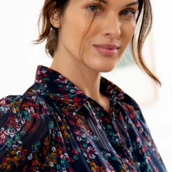 Jurk<Blancheporte Lange hemdjurk in jacquardvoile met bloemenprint marine / karamel
