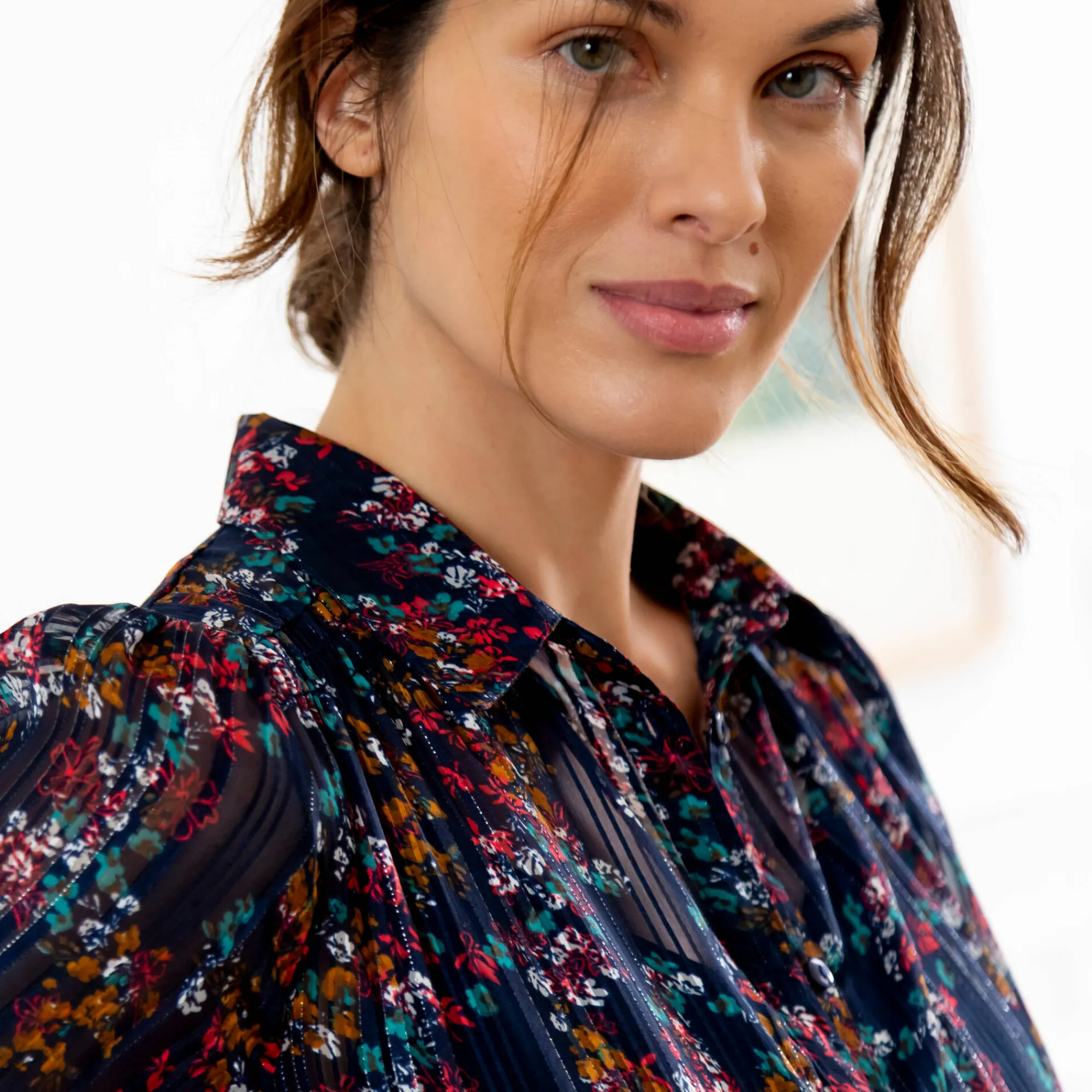 Jurk<Blancheporte Lange hemdjurk in jacquardvoile met bloemenprint marine / karamel