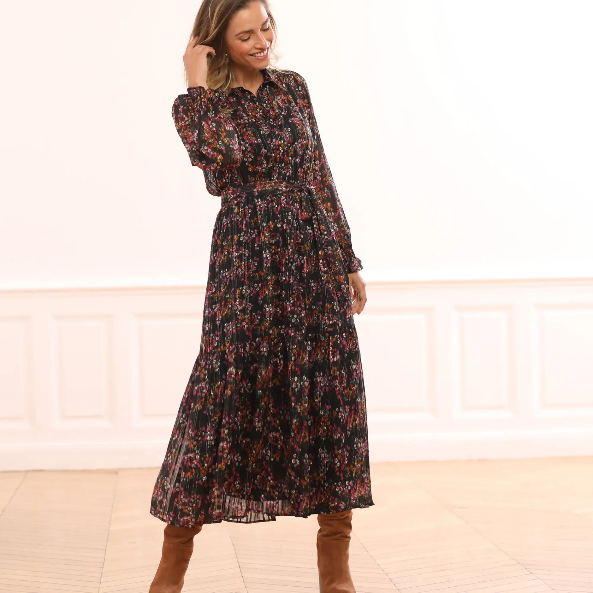 Feestoutfits Dames|Jurk<Blancheporte Lange hemdjurk in jacquardvoile met bloemenprint zwart / violine