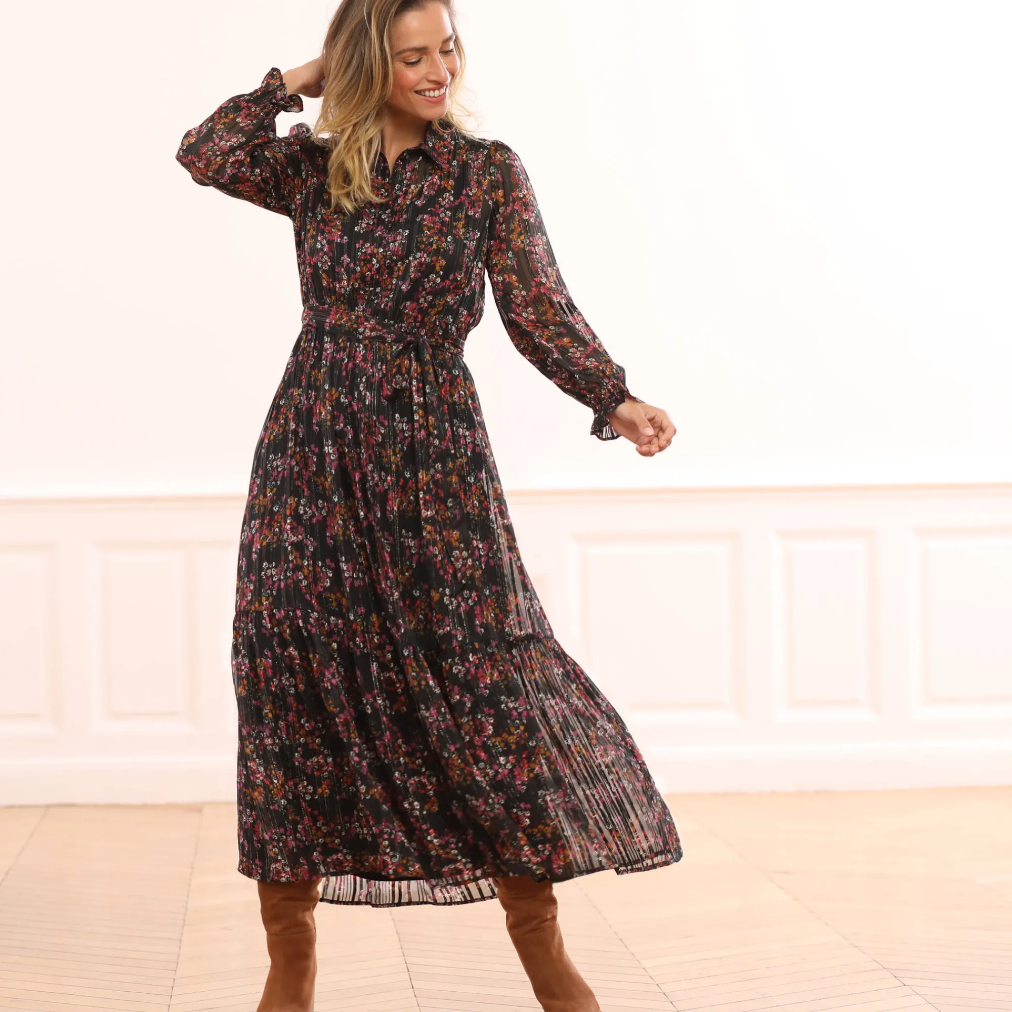 Feestoutfits Dames|Jurk<Blancheporte Lange hemdjurk in jacquardvoile met bloemenprint zwart / violine