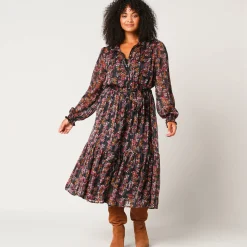 Feestoutfits Dames|Jurk<Blancheporte Lange hemdjurk in jacquardvoile met bloemenprint zwart / violine