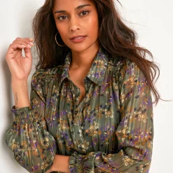 Jurk<Blancheporte Lange hemdjurk in jacquardvoile met bloemenprint kaki / karamel