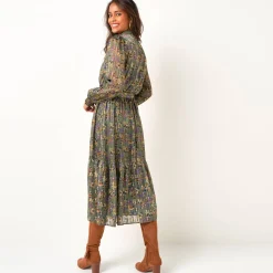 Jurk<Blancheporte Lange hemdjurk in jacquardvoile met bloemenprint kaki / karamel