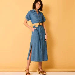 Jurk<Blancheporte Lange hemdjurk in jeans, korte mouwen stone