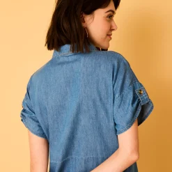 Jurk<Blancheporte Lange hemdjurk in jeans, korte mouwen stone
