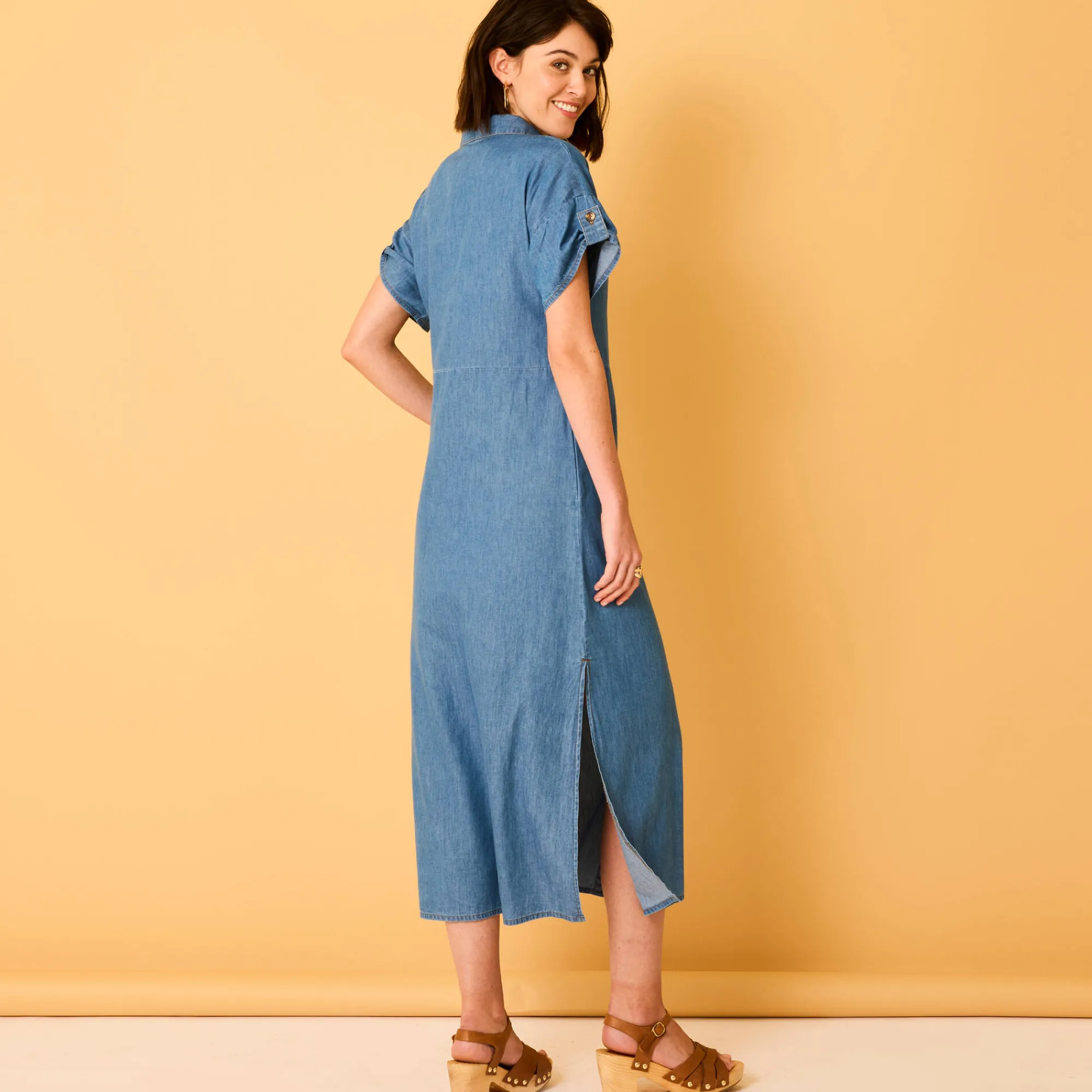Jurk<Blancheporte Lange hemdjurk in jeans, korte mouwen stone