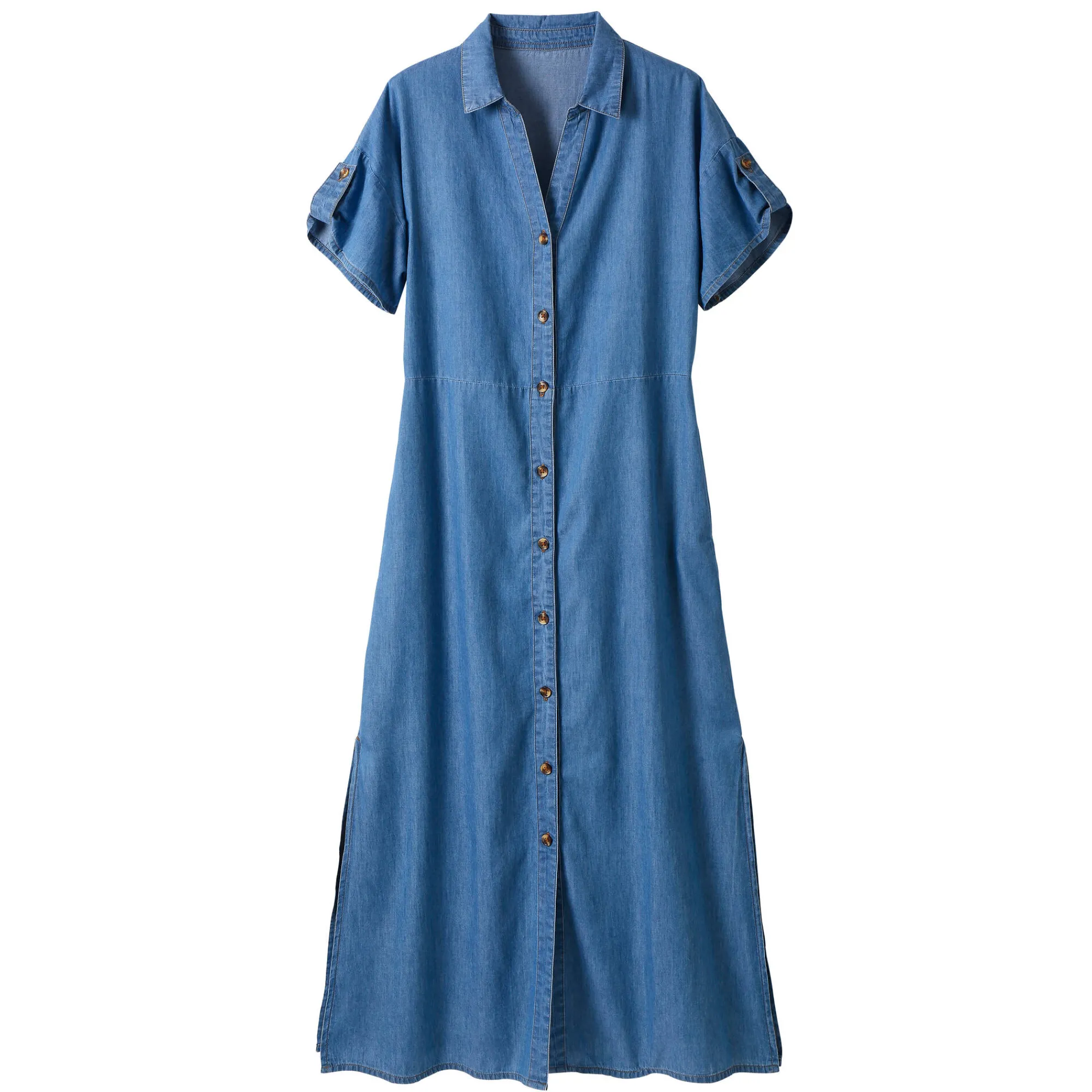 Jurk<Blancheporte Lange hemdjurk in jeans, korte mouwen stone