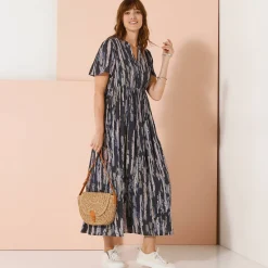 Jurk<Blancheporte Lange jurk in crepon, bedrukt marine / ecru