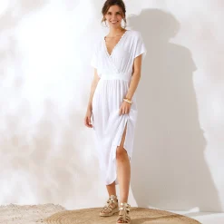 Jurk<Blancheporte Lange jurk in crepon, detail in macramé wit