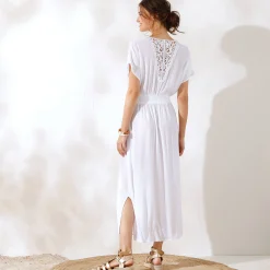 Jurk<Blancheporte Lange jurk in crepon, detail in macramé wit