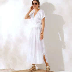 Jurk<Blancheporte Lange jurk in crepon, detail in macramé wit