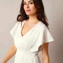Jurk<Blancheporte Lange jurk in crepon, mouwen met stroken, 3D-borduursel ecru