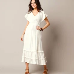 Jurk<Blancheporte Lange jurk in crepon, mouwen met stroken, 3D-borduursel ecru