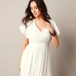 Jurk<Blancheporte Lange jurk in crepon, mouwen met stroken, 3D-borduursel ecru