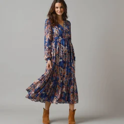 Feestoutfits Dames|Jurk<Lora Zellini Lange jurk in voile, Indiase bloemenprint blauw / beige