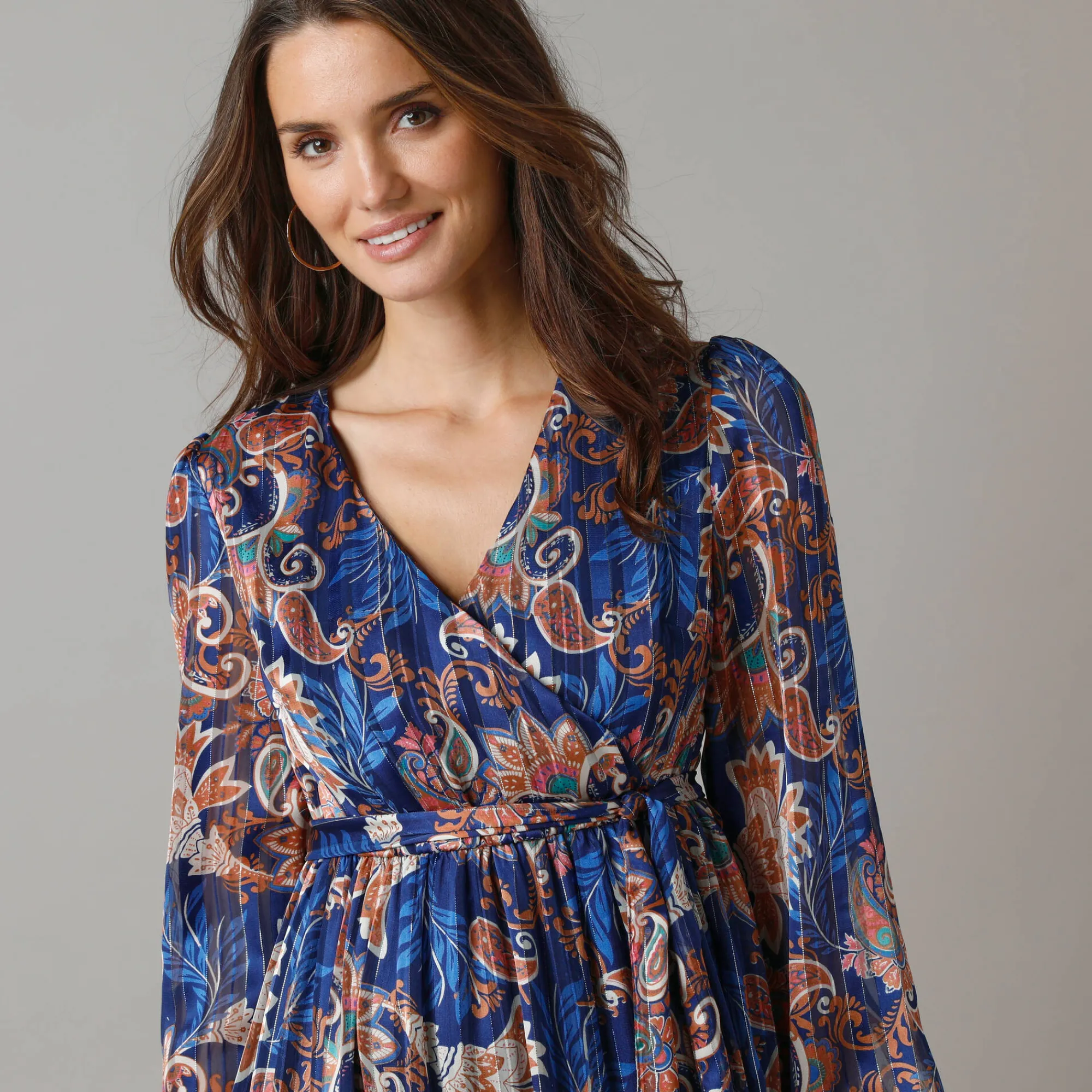 Feestoutfits Dames|Jurk<Lora Zellini Lange jurk in voile, Indiase bloemenprint blauw / beige