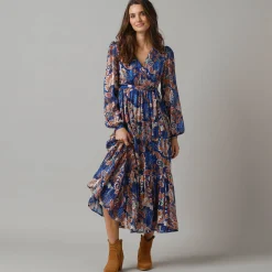 Feestoutfits Dames|Jurk<Lora Zellini Lange jurk in voile, Indiase bloemenprint blauw / beige