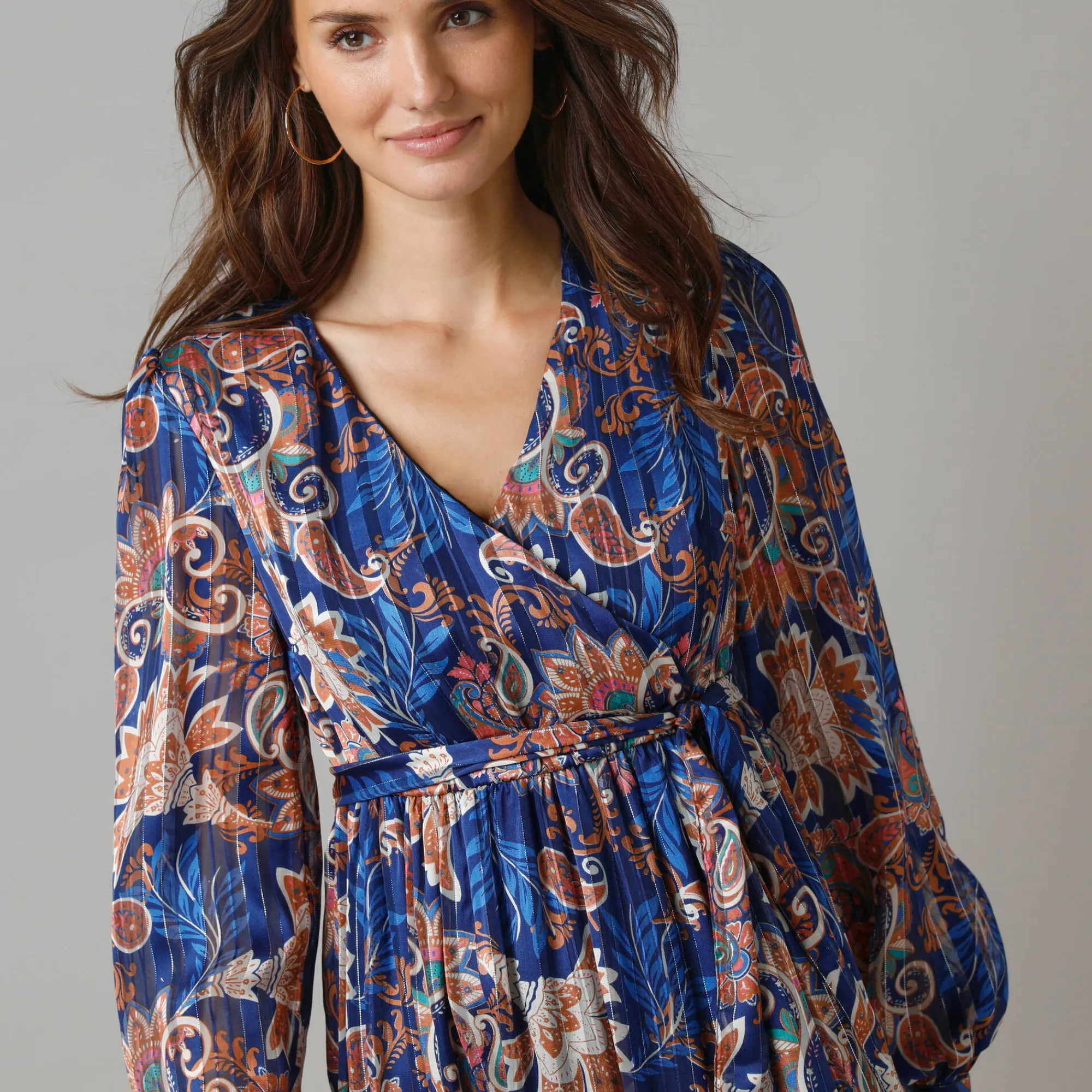 Feestoutfits Dames|Jurk<Lora Zellini Lange jurk in voile, Indiase bloemenprint blauw / beige