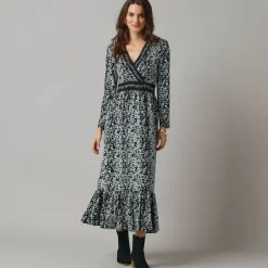 Jurk<Lora Zellini Lange jurk in wikkelstijl, bedrukt tricot zwart / ecru