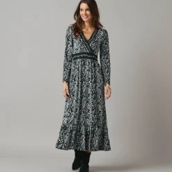Jurk<Lora Zellini Lange jurk in wikkelstijl, bedrukt tricot zwart / ecru