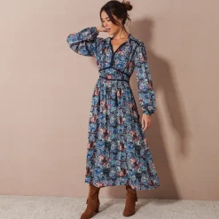 Jurk<Lora Zellini Lange jurk met bloemenprint en afwerkingen in macramé marine / blauw