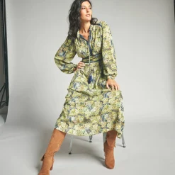 Jurk<Lora Zellini Lange jurk met bloemenprint en afwerkingen in macramé marine / groen