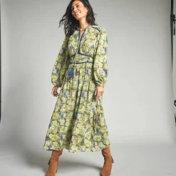Jurk<Lora Zellini Lange jurk met bloemenprint en afwerkingen in macramé marine / groen