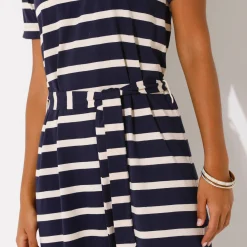 Jurk<Blancheporte Lange jurk met ceintuur en V-hals, gestreept tricot marine / ecru