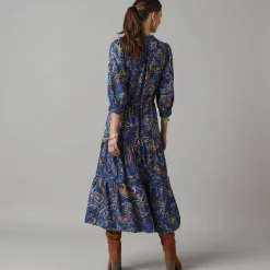 Feestoutfits Dames|Jurk<Lora Zellini Lange jurk met elastische taille, bedrukte crêpe blauw