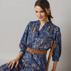 Feestoutfits Dames|Jurk<Lora Zellini Lange jurk met elastische taille, bedrukte crêpe blauw