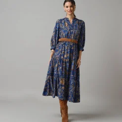 Feestoutfits Dames|Jurk<Lora Zellini Lange jurk met elastische taille, bedrukte crêpe blauw