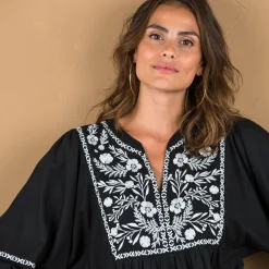 Jurk<Blancheporte Lange jurk met ellebooglange mouwen, contrasterend borduursel zwart