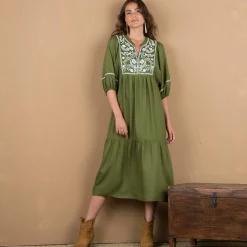 Jurk<Blancheporte Lange jurk met ellebooglange mouwen, contrasterend borduursel kaki
