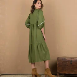 Jurk<Blancheporte Lange jurk met ellebooglange mouwen, contrasterend borduursel kaki