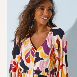Jurk<Blancheporte Lange jurk met knopen, crepon, maxiprint marine / saffraangeel